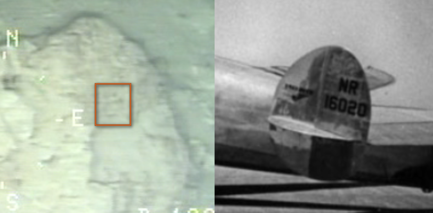 On the left hand side, a screenshot of video footage obtained by the TIGHAR team with the number 2 faintly visible. (CREDIT) On the right hand side, an image of the tail of Amilia Earhart's plane (public domain)